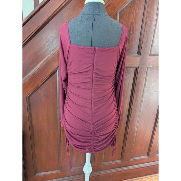 Ruched Long Sleeve Burgundy Mini Dress By Le Lis Square Neck Adjustable Sides M - Picture 2 of 8